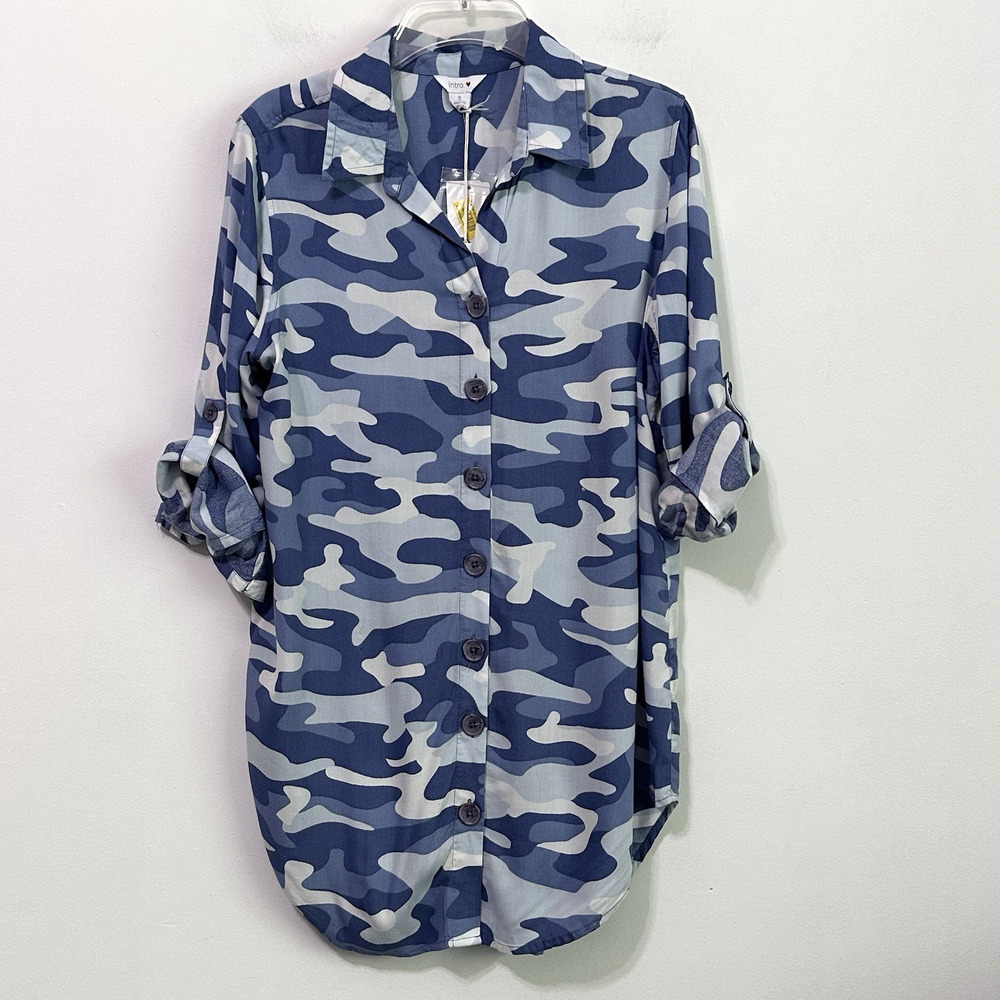 Intro Tunic Shirt S Blue Camo Roll Tab Sleeve Mini Trendy Button Front NEW